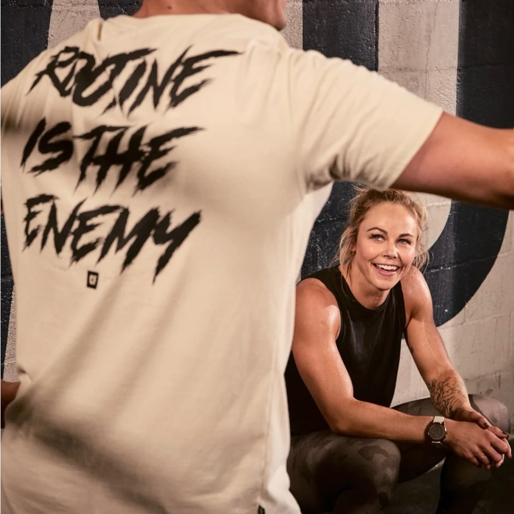 Routine Is The Enemy Crossfit Cream Men's Short Sleeve Tee Size Large
